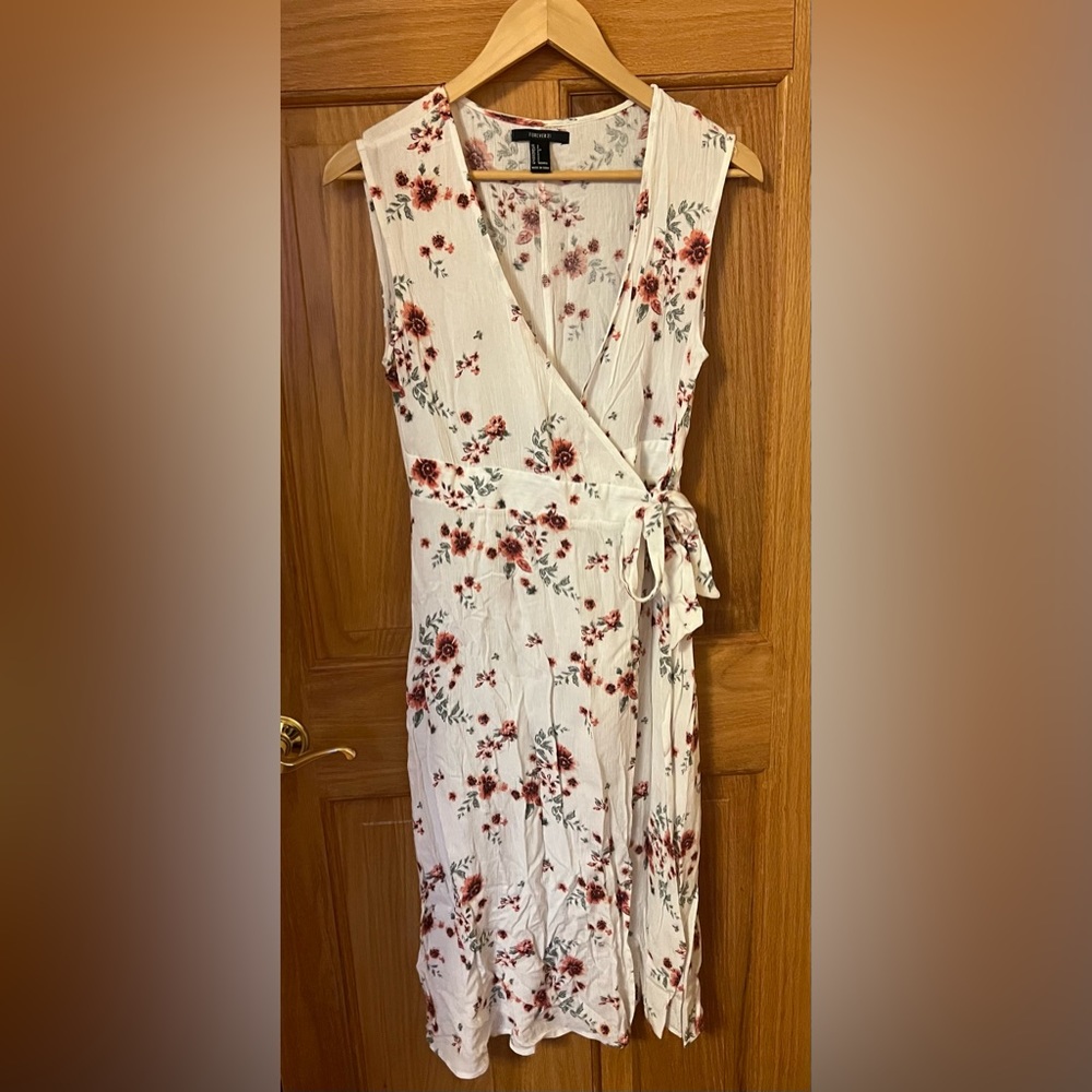 Forever 21 white with pink floral wrap midi dress. Size small